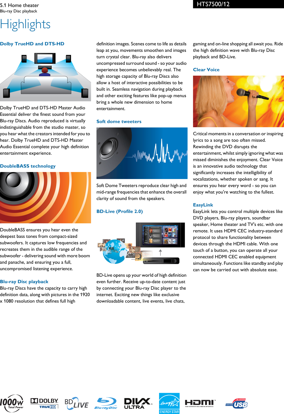 Page 2 of 3 - Philips HTS7500/12 5.1 Home Theater User Manual Leaflet Hts7500 12 Pss