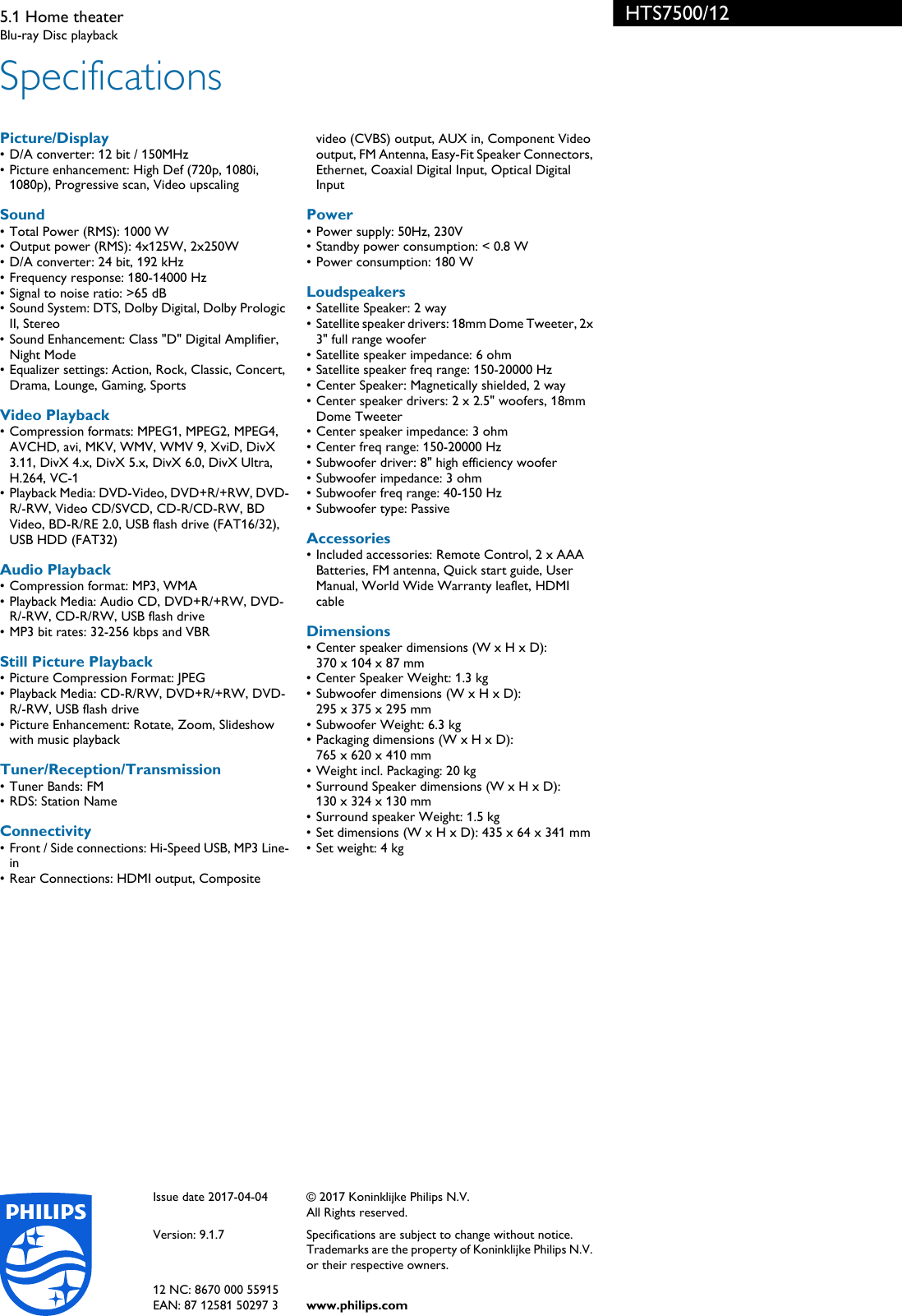 Page 3 of 3 - Philips HTS7500/12 5.1 Home Theater User Manual Leaflet Hts7500 12 Pss