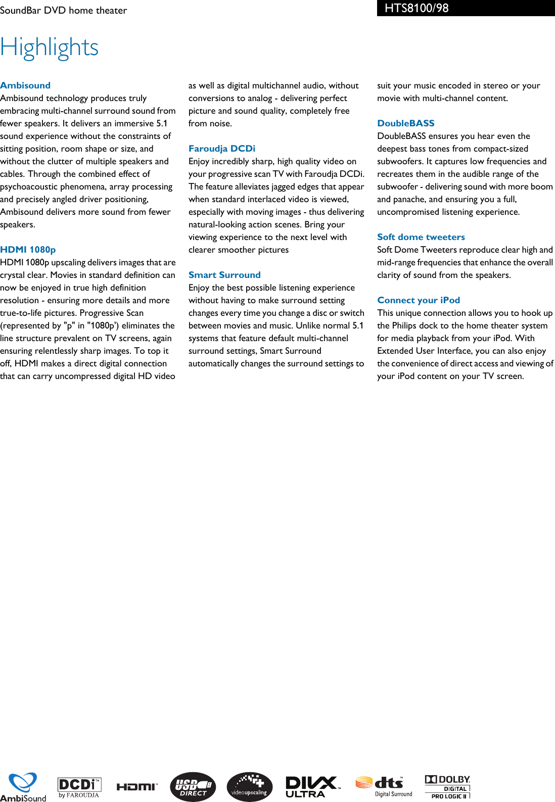 Page 2 of 3 - Philips HTS8100/98 SoundBar DVD Home Theater User Manual Leaflet Hts8100 98 Pss