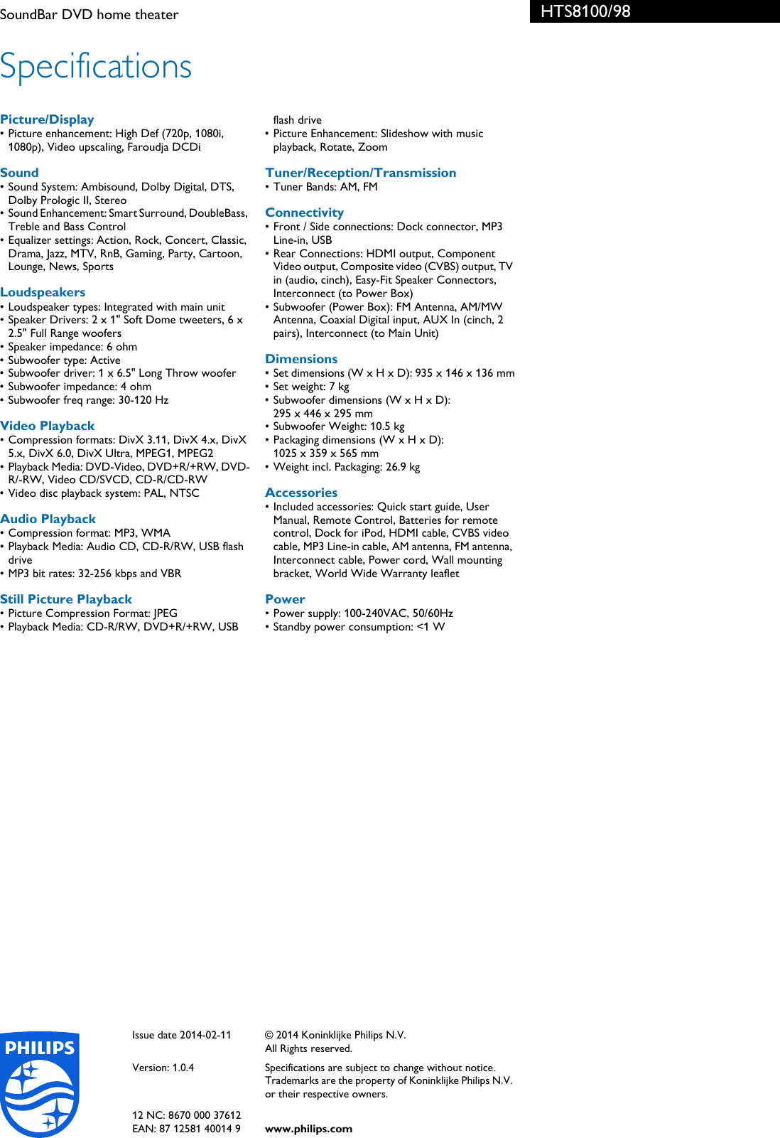 Page 3 of 3 - Philips HTS8100/98 SoundBar DVD Home Theater User Manual Leaflet Hts8100 98 Pss