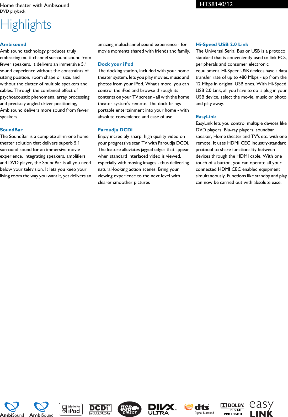 Page 2 of 3 - Philips HTS8140/12 Home Theater With Ambisound User Manual Informacinis Lapelis Hts8140 12 Pss