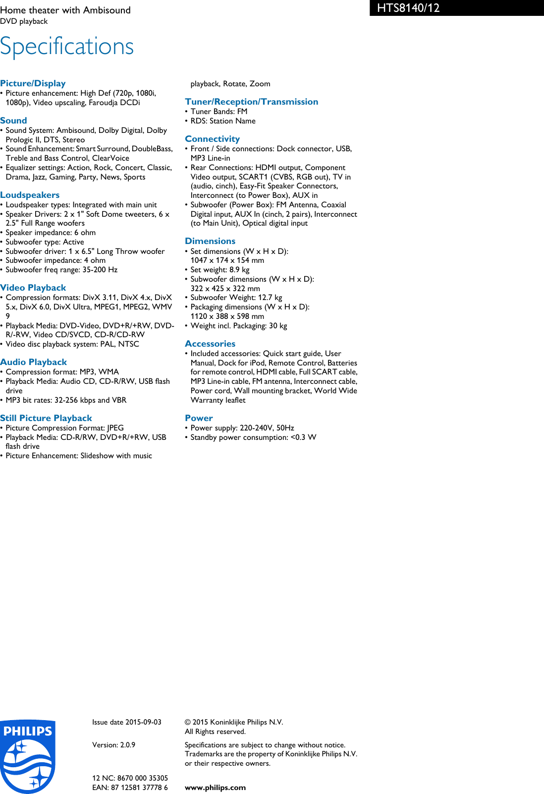 Page 3 of 3 - Philips HTS8140/12 Home Theater With Ambisound User Manual Informacinis Lapelis Hts8140 12 Pss