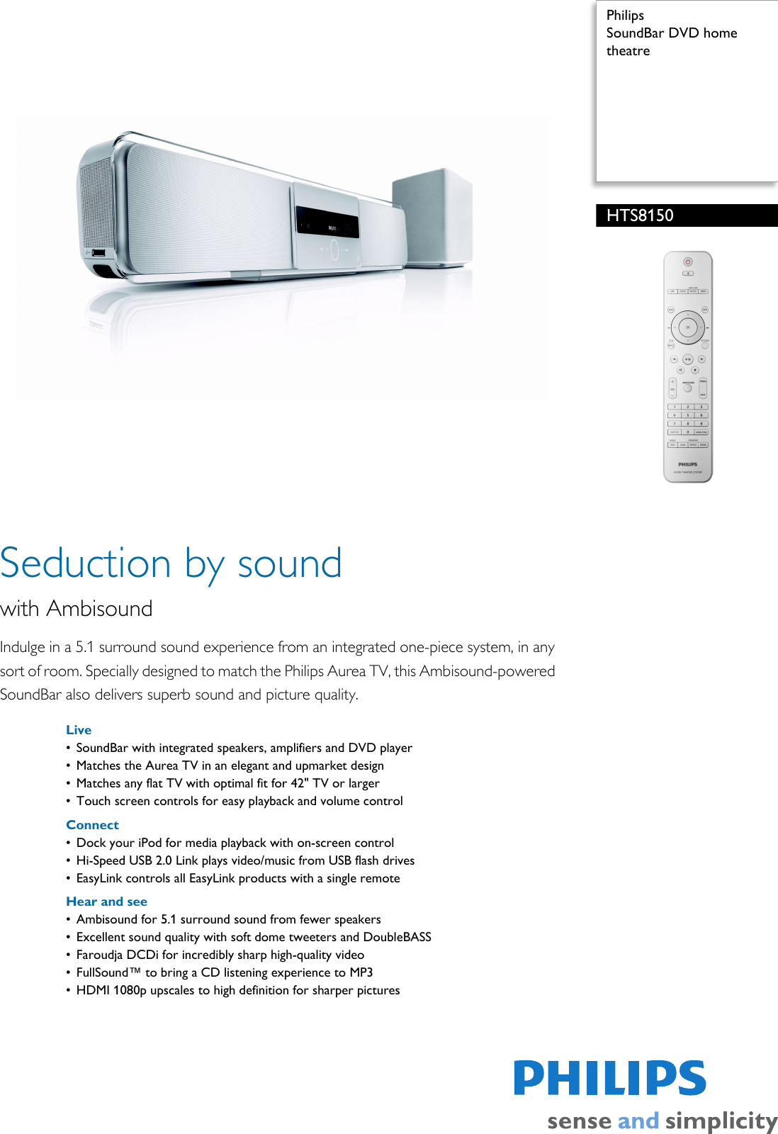 Philips HTS8150/98 SoundBar DVD Home Theatre User Manual Leaflet