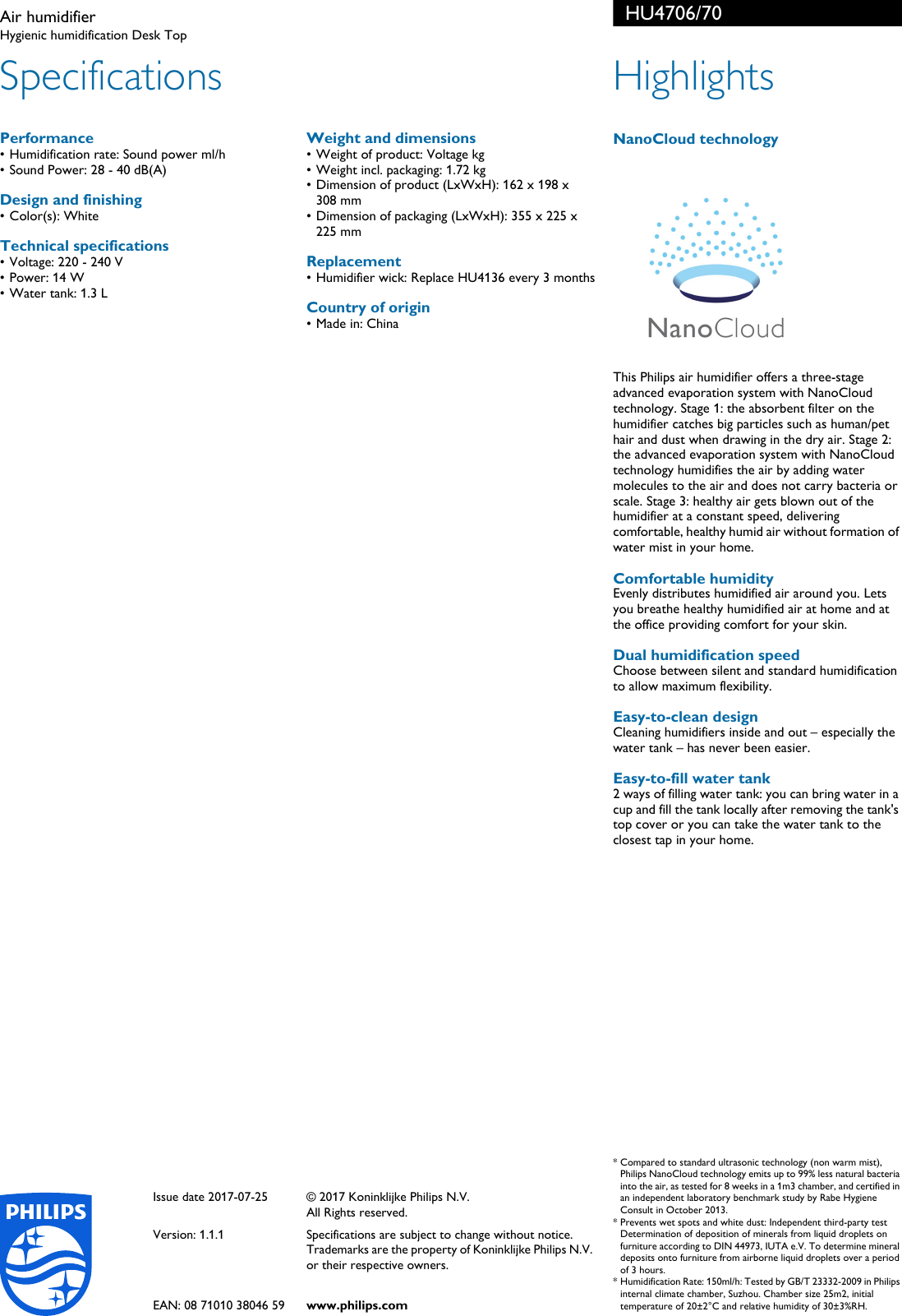 Page 2 of 2 - Philips HU4706/70 Air Humidifier User Manual Leaflet Hu4706 70 Pss Engau