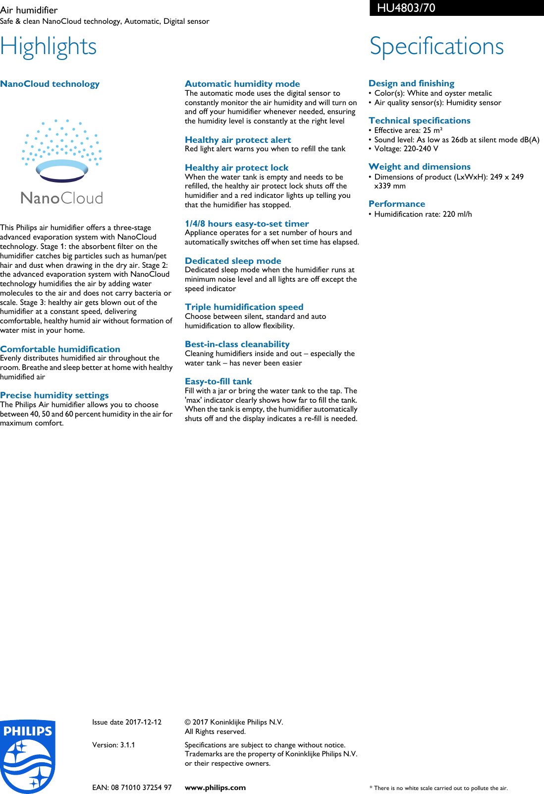 Page 2 of 2 - Philips HU4803/70 Air Humidifier User Manual Leaflet Hu4803 70 Pss Engau