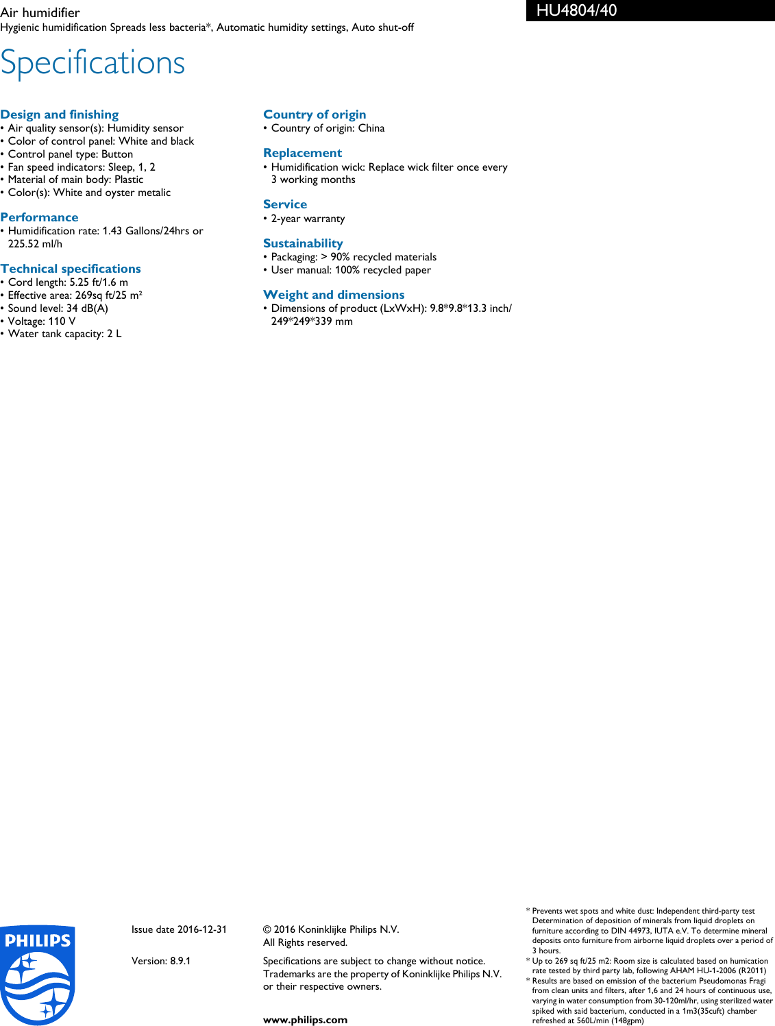 Page 3 of 3 - Philips HU4804/40 Air Humidifier User Manual Leaflet Hu4804 40 Pss Aenus