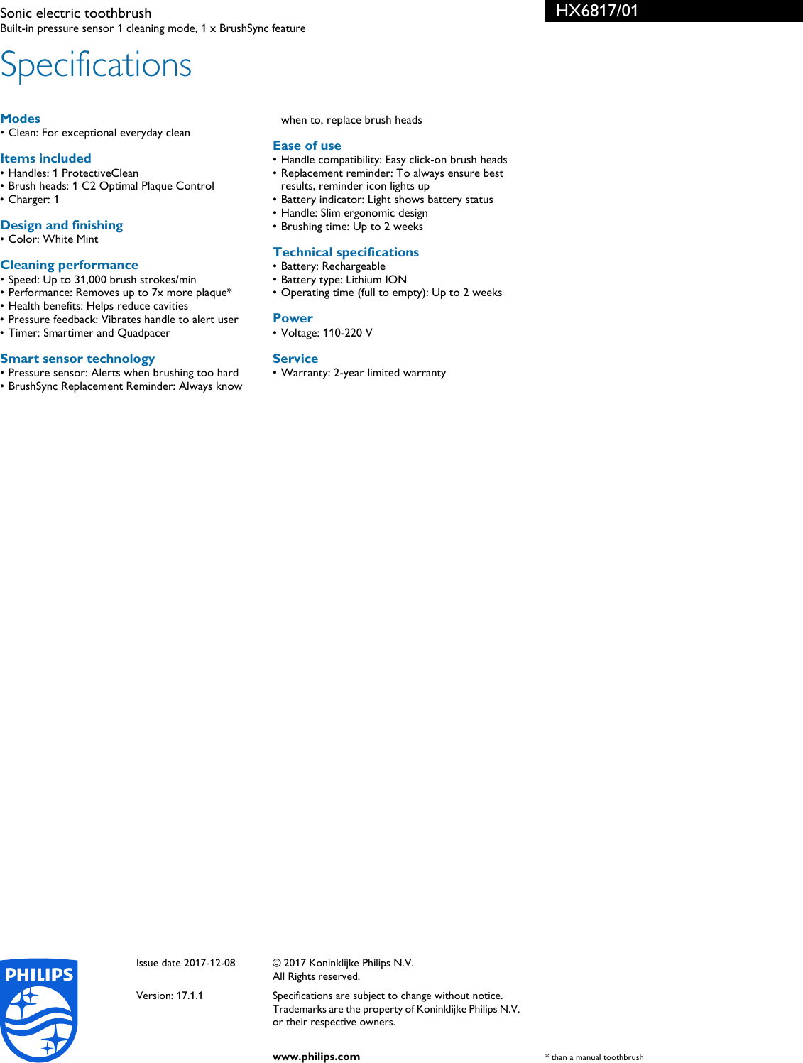 Page 3 of 3 - Philips HX6817/01 Sonic Electric Toothbrush User Manual Leaflet Hx6817 01 Pss Aenus