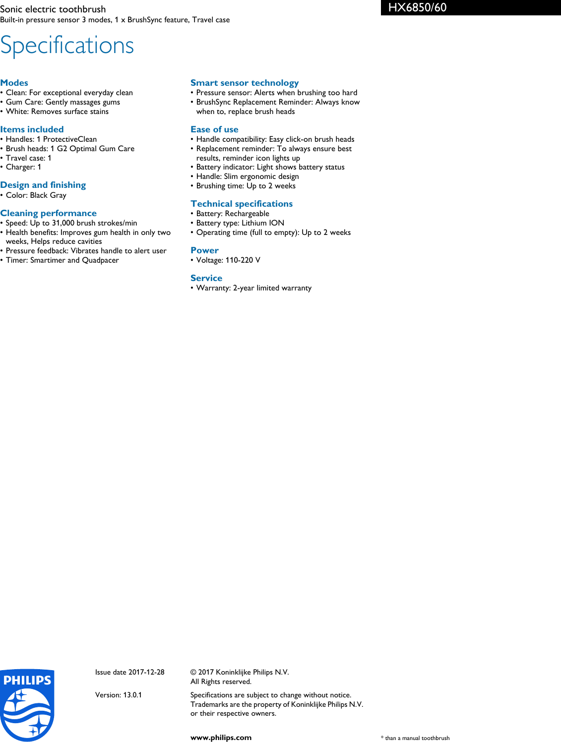 Page 3 of 3 - Philips HX6850/60 Sonic Electric Toothbrush User Manual Leaflet Hx6850 60 Pss Aenus