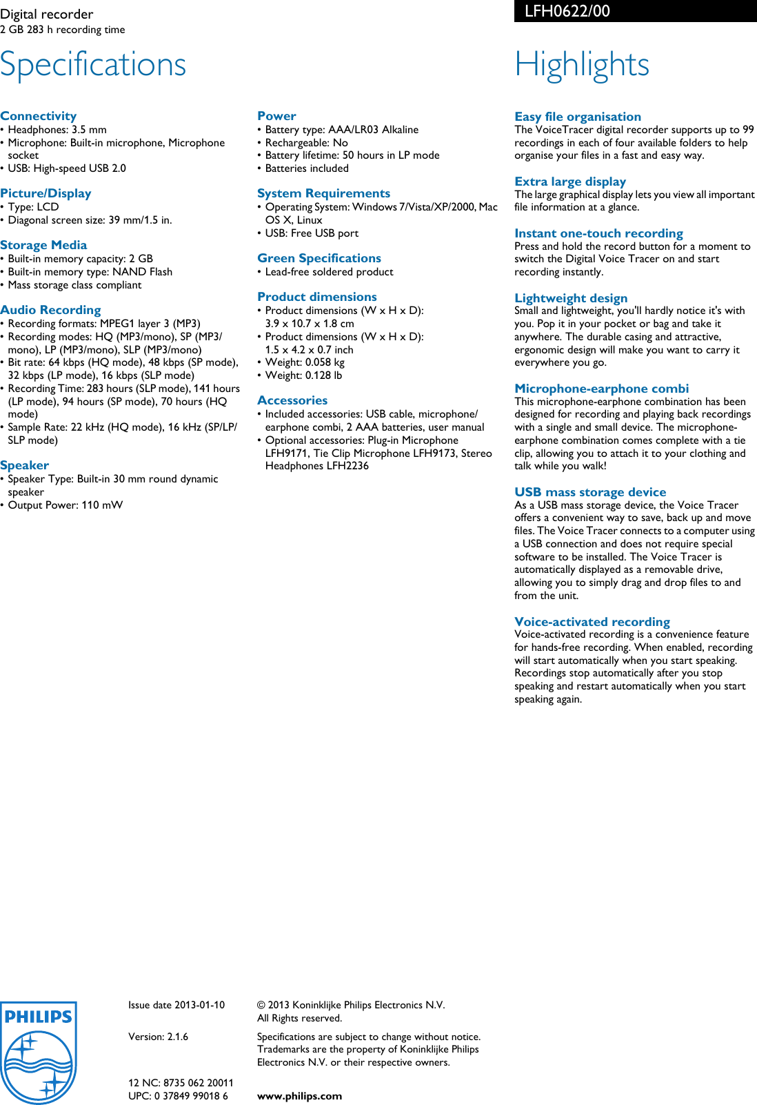 Page 2 of 2 - Philips LFH0622/00 Digital Recorder User Manual Leaflet Lfh0622 00 Pss Engau