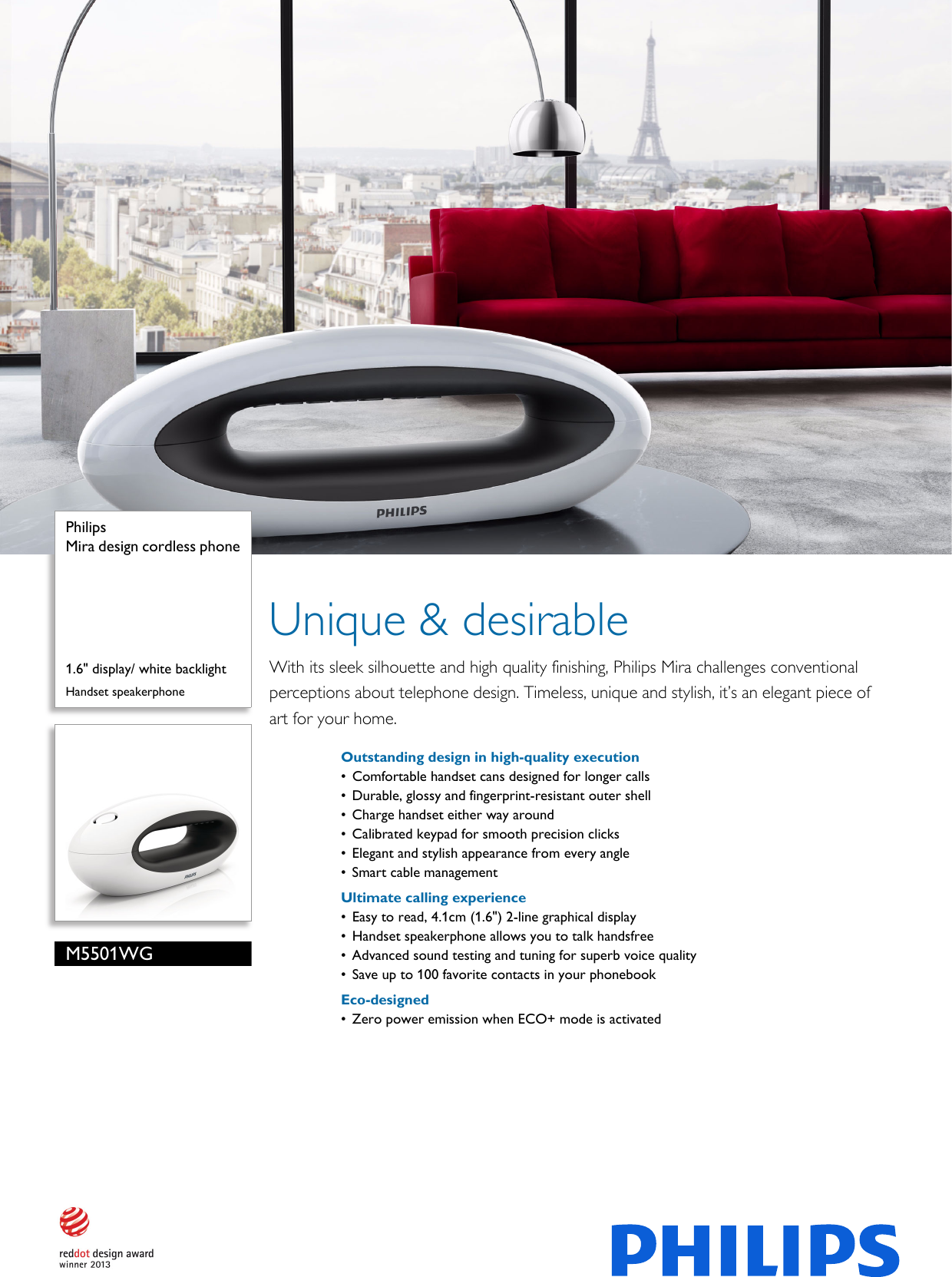 Page 1 of 3 - Philips M5501WG/FT Mira Design Cordless Phone User Manual Brochure M5501wg Ft Pss