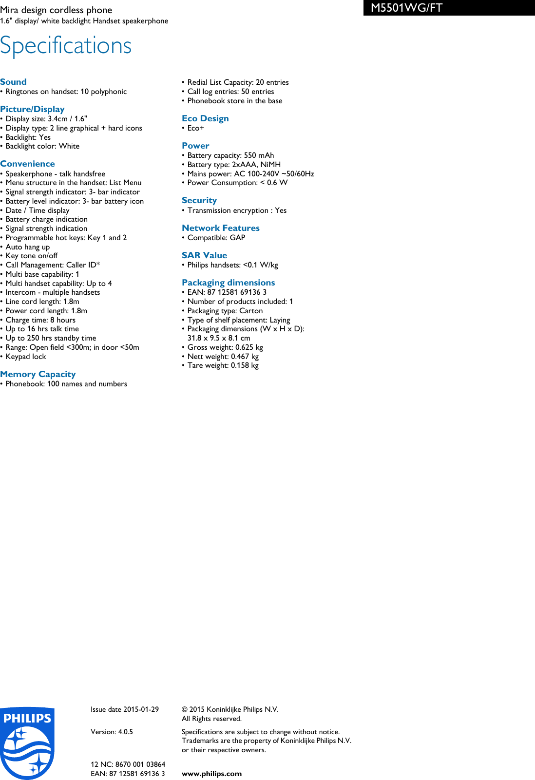 Page 3 of 3 - Philips M5501WG/FT Mira Design Cordless Phone User Manual Brochure M5501wg Ft Pss