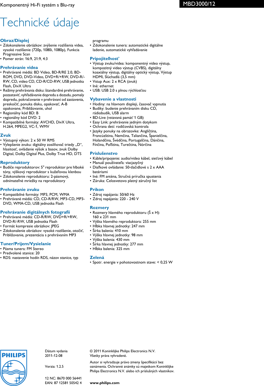 Page 3 of 3 - Philips MBD3000/12 Komponentný Hi-Fi Systém S Blu-ray User Manual Prospekt Mbd3000 12 Pss Slksk