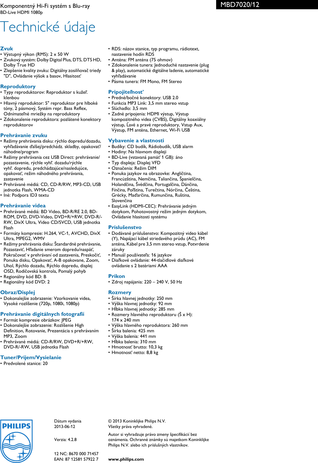 Page 3 of 3 - Philips MBD7020/12 Komponentný Hi-Fi Systém S Blu-ray User Manual Prospekt Mbd7020 12 Pss Slksk