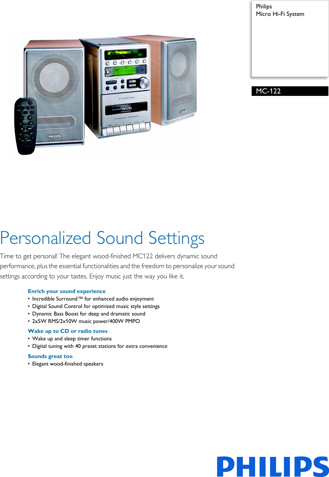 Page 1 of 2 - Philips MC-122/22 Micro Hi-Fi System User Manual листовка Mc-122 22 Pss