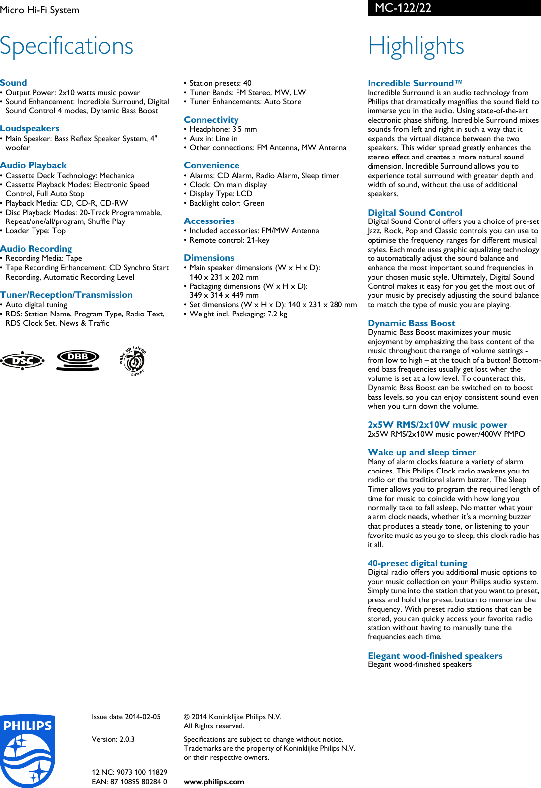 Page 2 of 2 - Philips MC-122/22 Micro Hi-Fi System User Manual листовка Mc-122 22 Pss