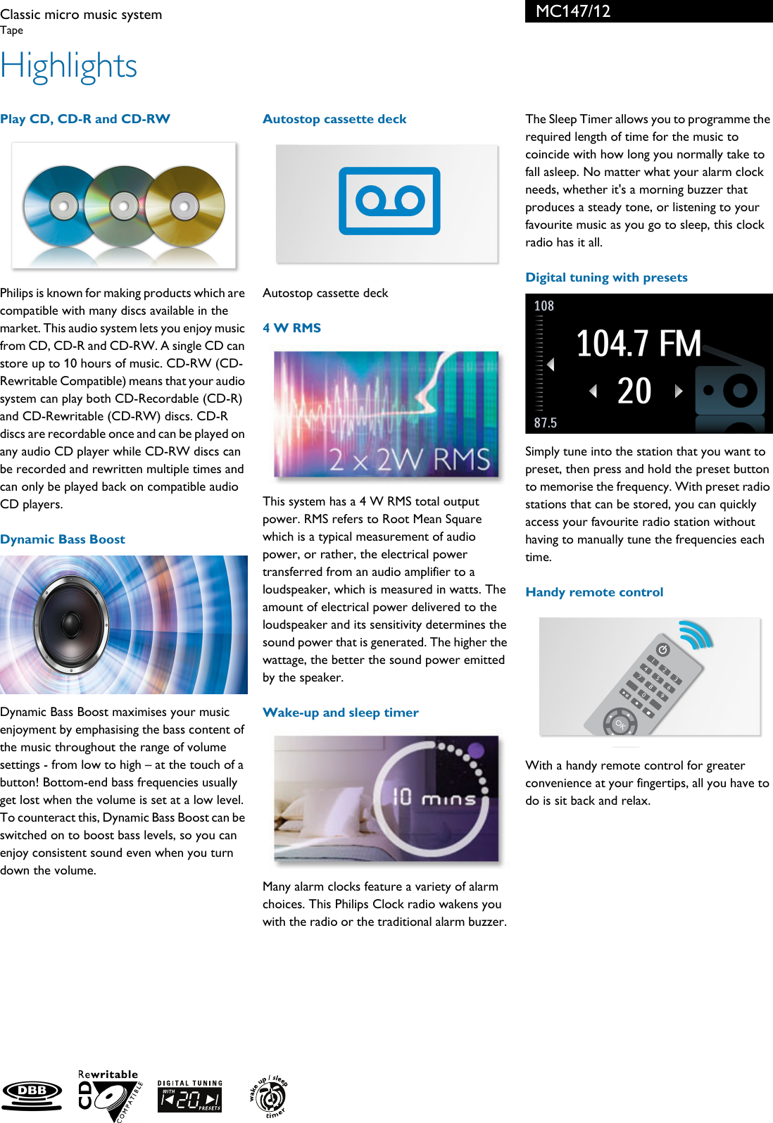 Page 2 of 3 - Philips MC147/12 Classic Micro Music System User Manual Leaflet Mc147 12 Pss Engza