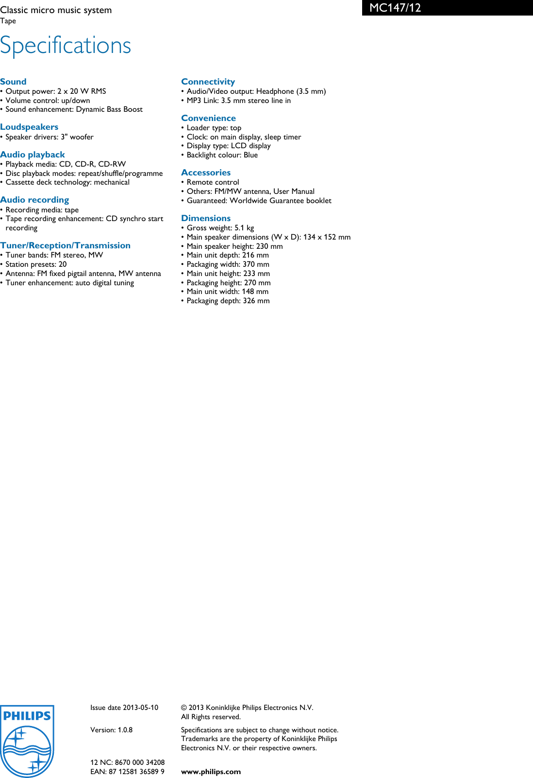 Page 3 of 3 - Philips MC147/12 Classic Micro Music System User Manual Leaflet Mc147 12 Pss Engza