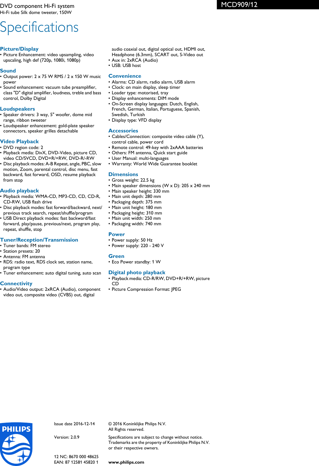Page 3 of 3 - Philips MCD909/12 DVD Component Hi-Fi System User Manual Informacinis Lapelis Mcd909 12 Pss