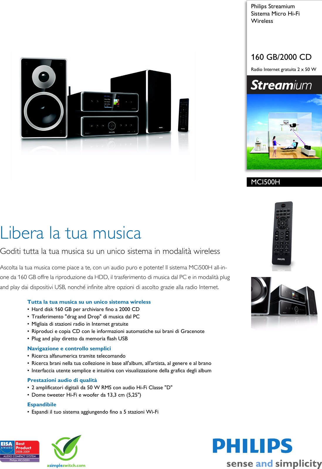 Page 1 of 2 - Philips MCI500H/12 Sistema Micro Hi-Fi Wireless User Manual Scheda Tecnica Mci500h 12 Pss Itait