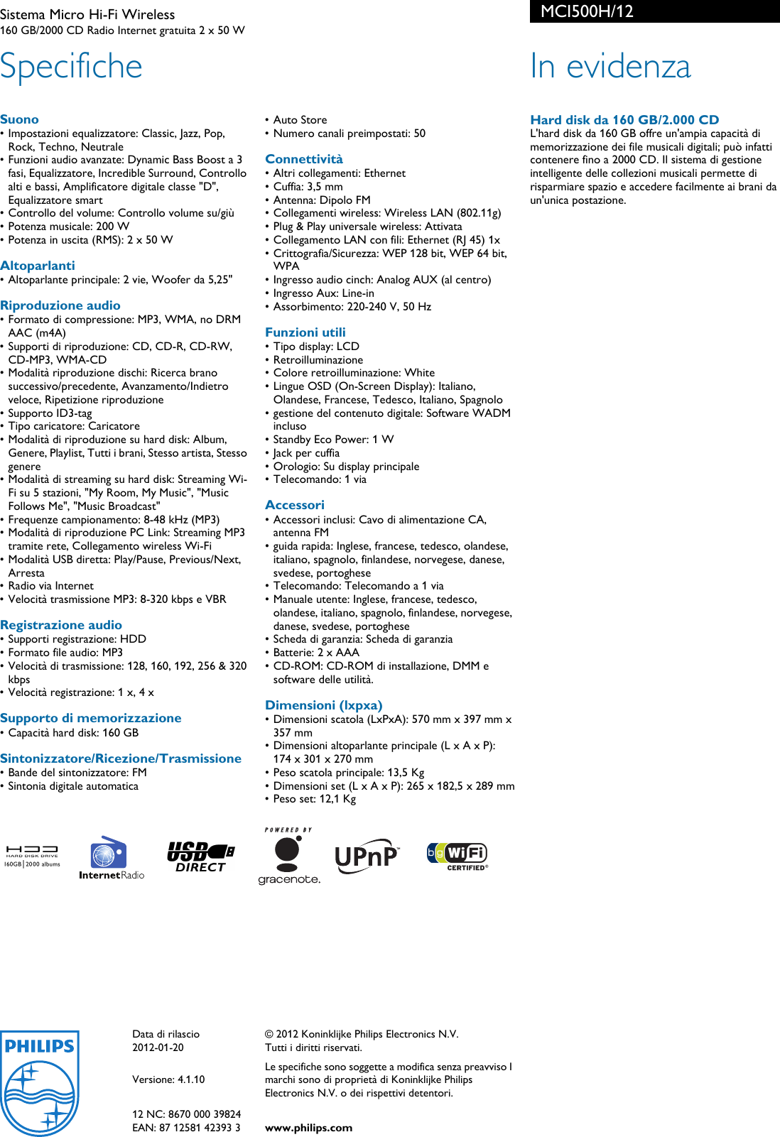 Page 2 of 2 - Philips MCI500H/12 Sistema Micro Hi-Fi Wireless User Manual Scheda Tecnica Mci500h 12 Pss Itait
