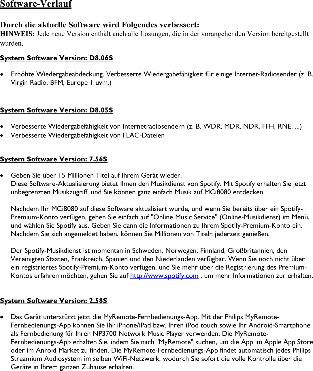 Page 1 of 2 - Philips MCI8080/12 - MCI8080_FHI_VD8.06S_DEU User Manual Release Notes Mci8080 12 Fhi Deu