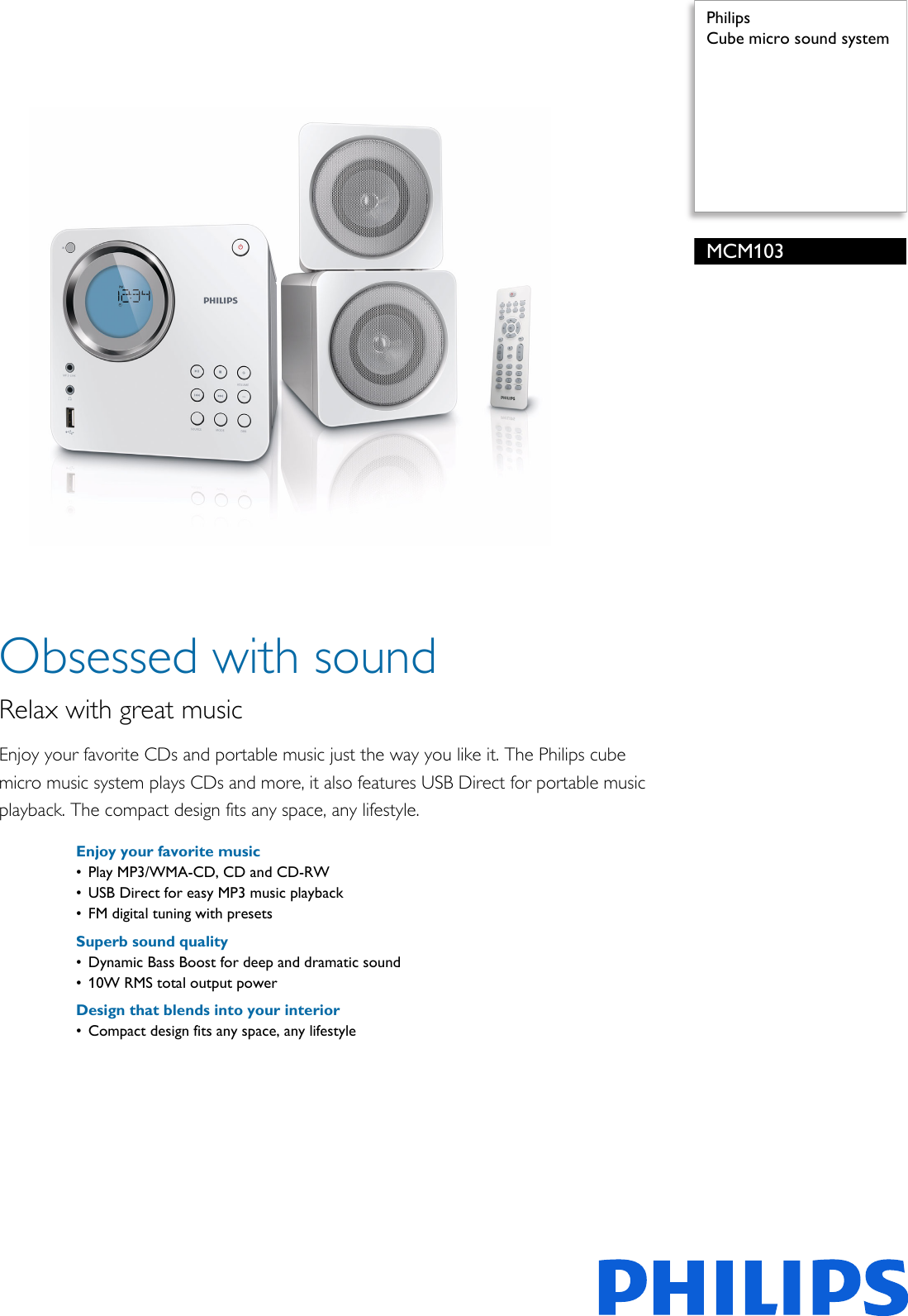 Page 1 of 2 - Philips MCM103/98 Cube Micro Sound System User Manual Leaflet Mcm103 98 Pss