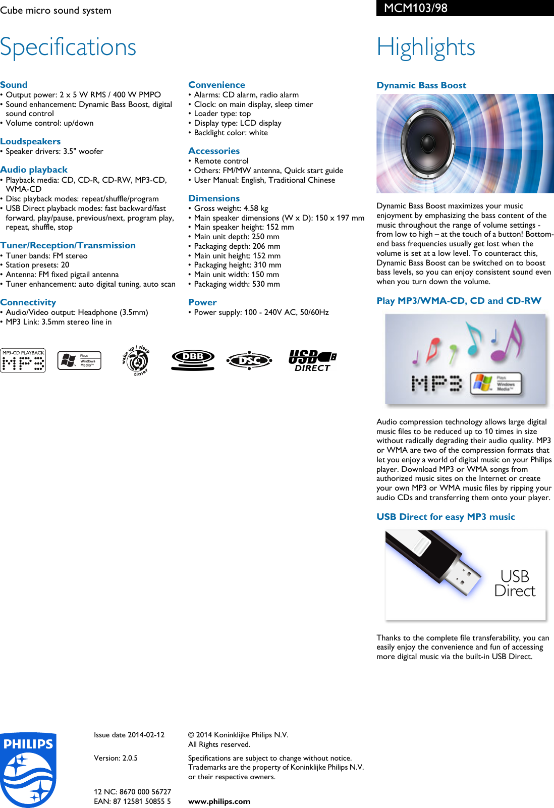 Page 2 of 2 - Philips MCM103/98 Cube Micro Sound System User Manual Leaflet Mcm103 98 Pss