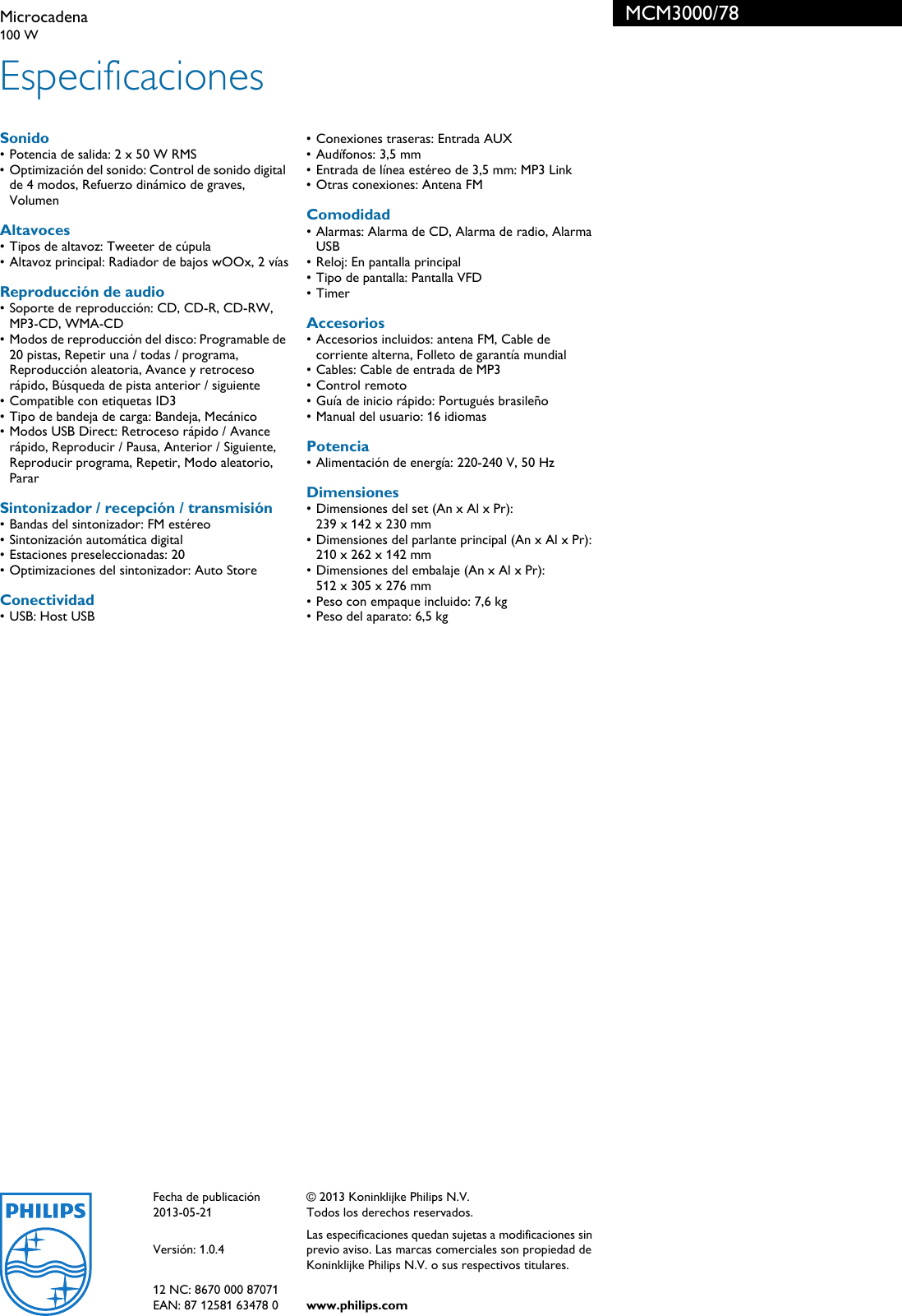 Page 3 of 3 - Philips MCM3000/78 Microcadena User Manual Folleto Mcm3000 78 Pss Lspco
