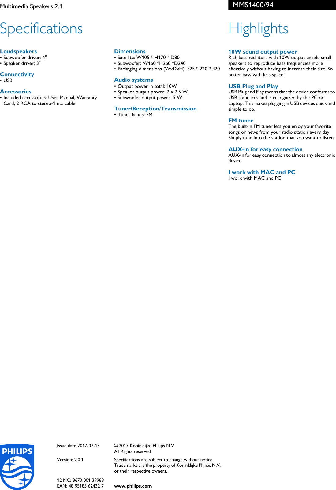 Page 2 of 2 - Philips MMS1400/94 Multimedia Speakers 2.1 User Manual Leaflet Mms1400 94 Pss Aenin