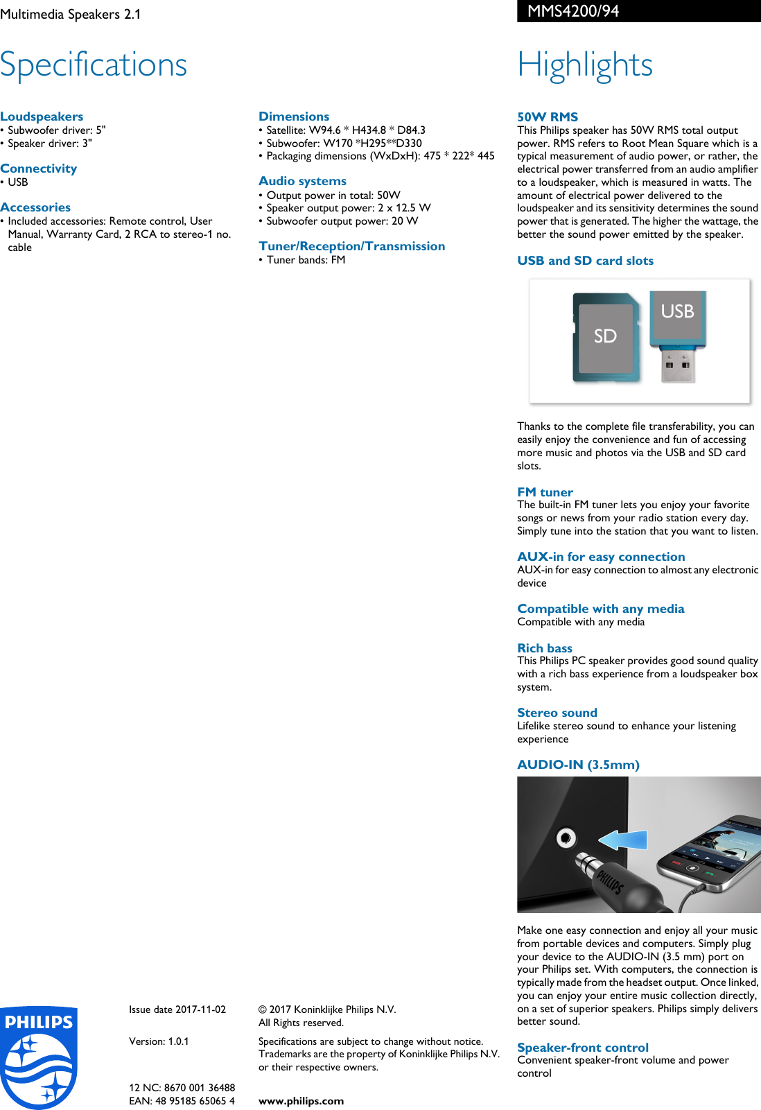 Page 2 of 2 - Philips MMS4200/94 Multimedia Speakers 2.1 User Manual Leaflet Mms4200 94 Pss Aenin