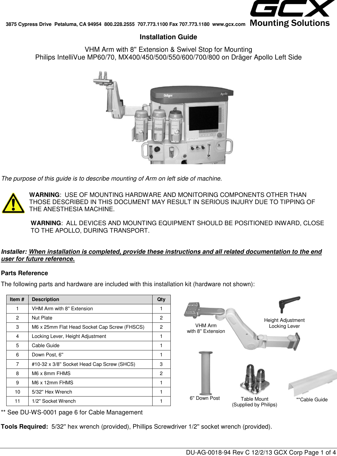 Page 1 of 4 - Philips MNT89 GCX Mounting Assembly Installation Guide User Manual Product Brochure Intelli Vue MX500/MX550 Solution 2da69ce1ebfe46e0b48ba77c0147169c