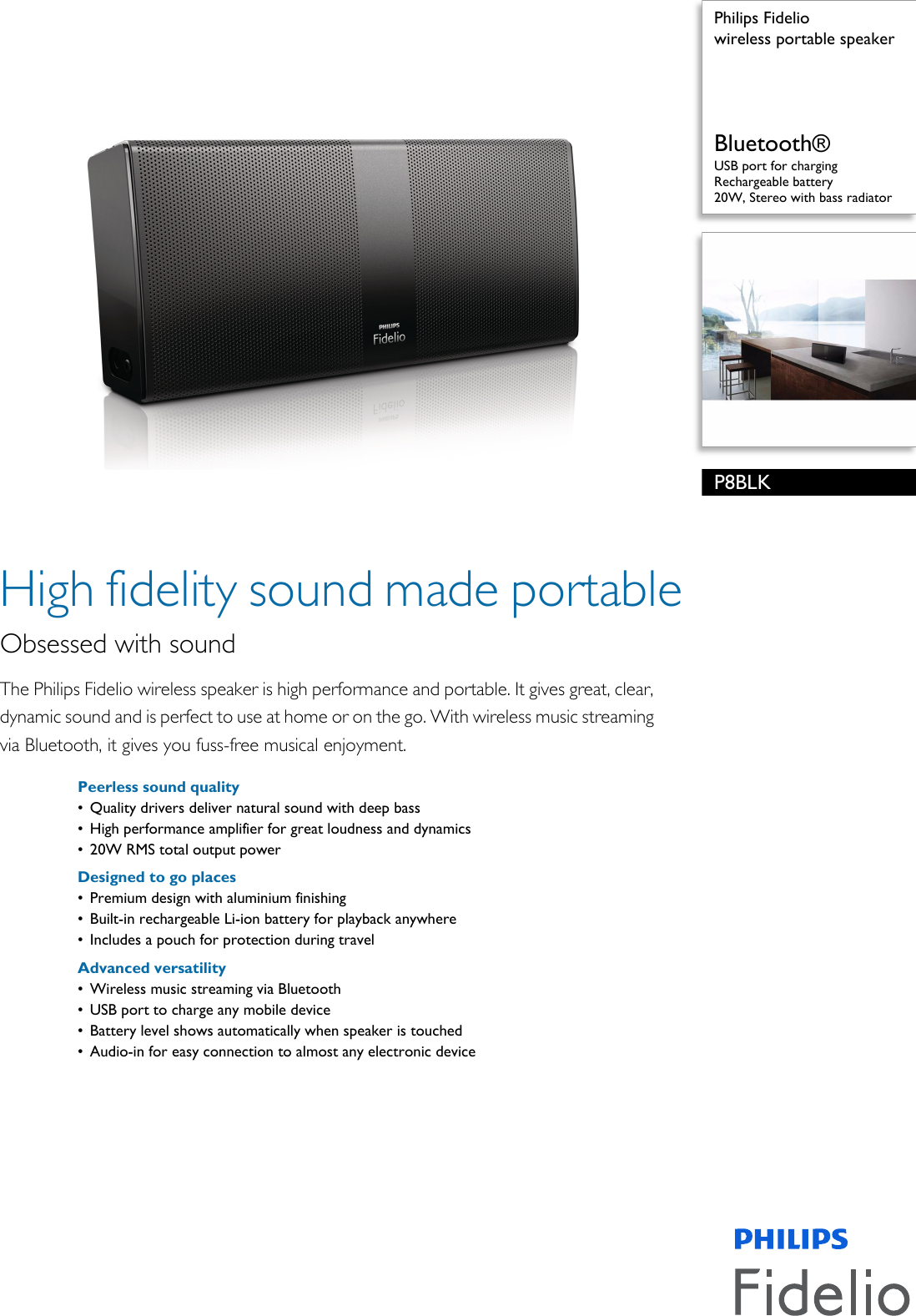 Page 1 of 2 - Philips P8BLK/37 Wireless Portable Speaker User Manual Leaflet P8blk 37 Pss Aenca