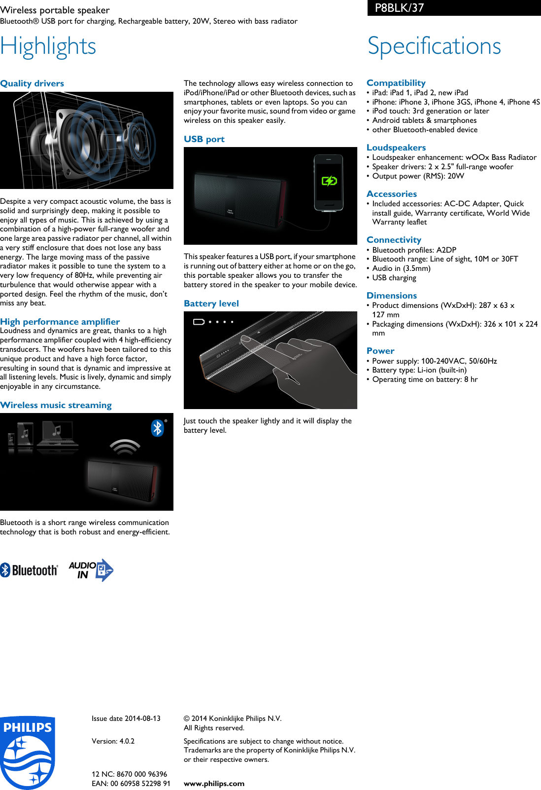 Page 2 of 2 - Philips P8BLK/37 Wireless Portable Speaker User Manual Leaflet P8blk 37 Pss Aenca