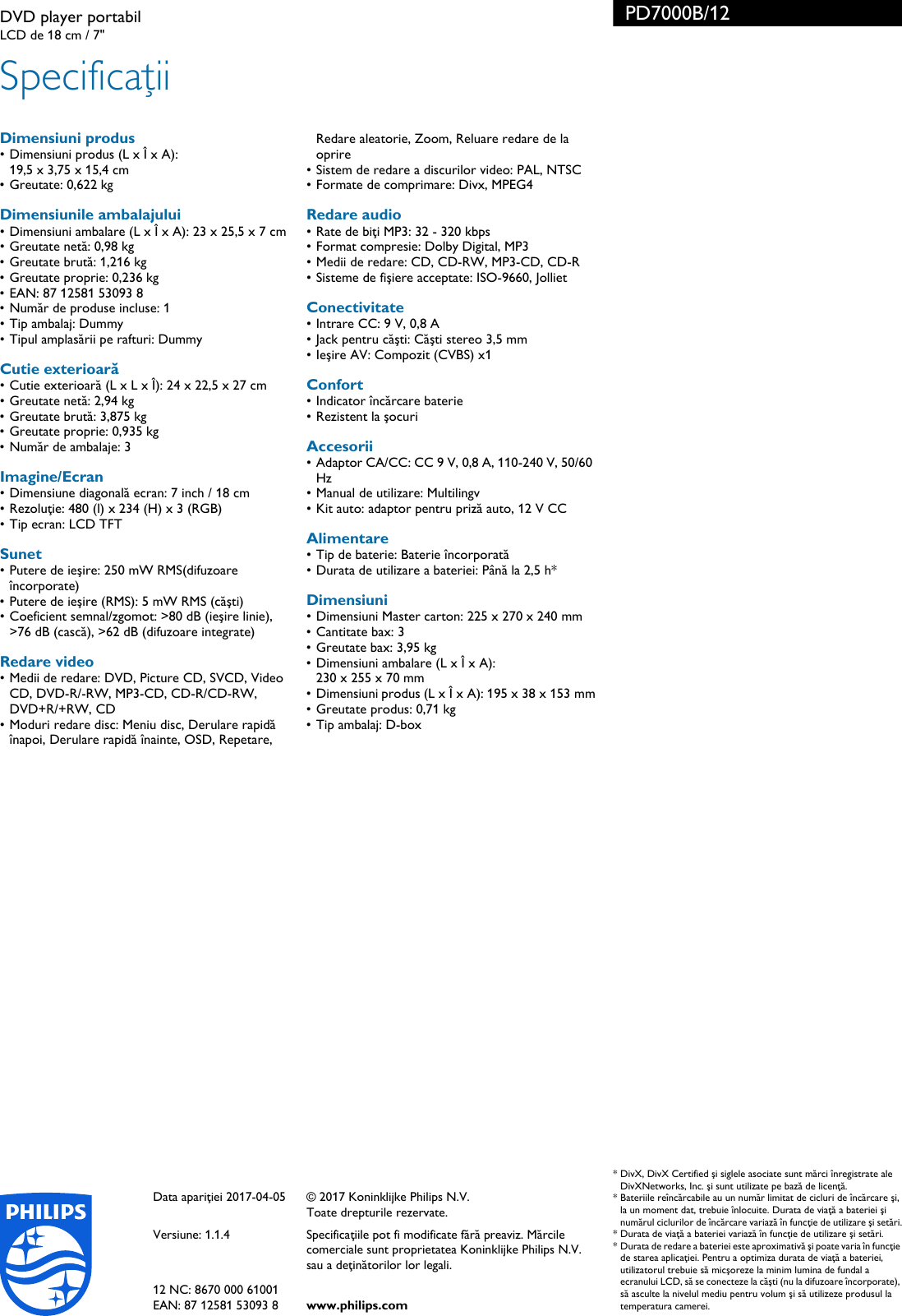 Page 3 of 3 - Philips PD7000B/12 DVD Player Portabil User Manual Pliant Pd7000b 12 Pss Ronro