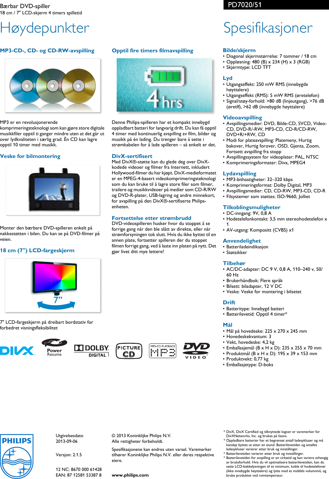 Page 2 of 2 - Philips PD7020/51 Leaflet PD7020_51 Released Norway (Norwegian)  User Manual Hefte Pd7020 51 Pss Norno