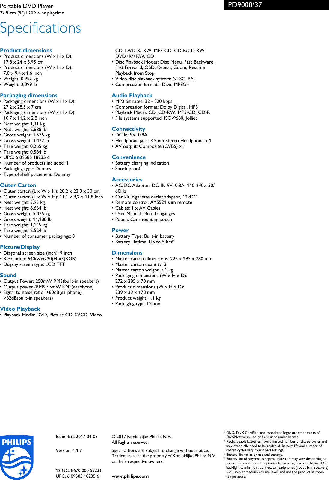 Page 3 of 3 - Philips PD9000/37 Portable DVD Player User Manual Leaflet Pd9000 37 Pss Aenca