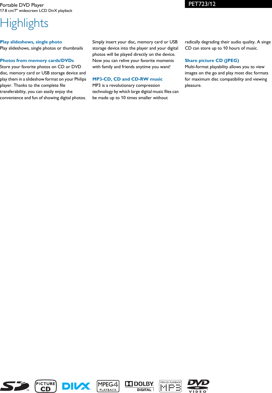 Page 2 of 3 - Philips PET723/12 Portable DVD Player User Manual Informacinis Lapelis Pet723 12 Pss