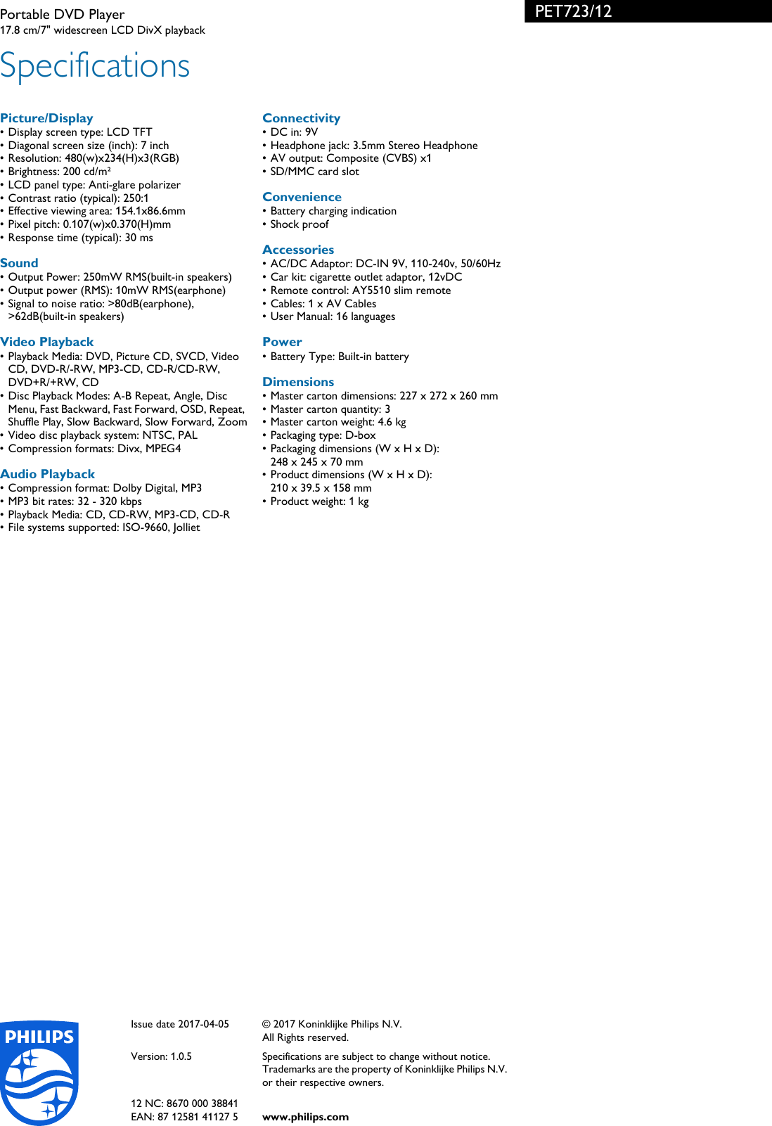 Page 3 of 3 - Philips PET723/12 Portable DVD Player User Manual Informacinis Lapelis Pet723 12 Pss