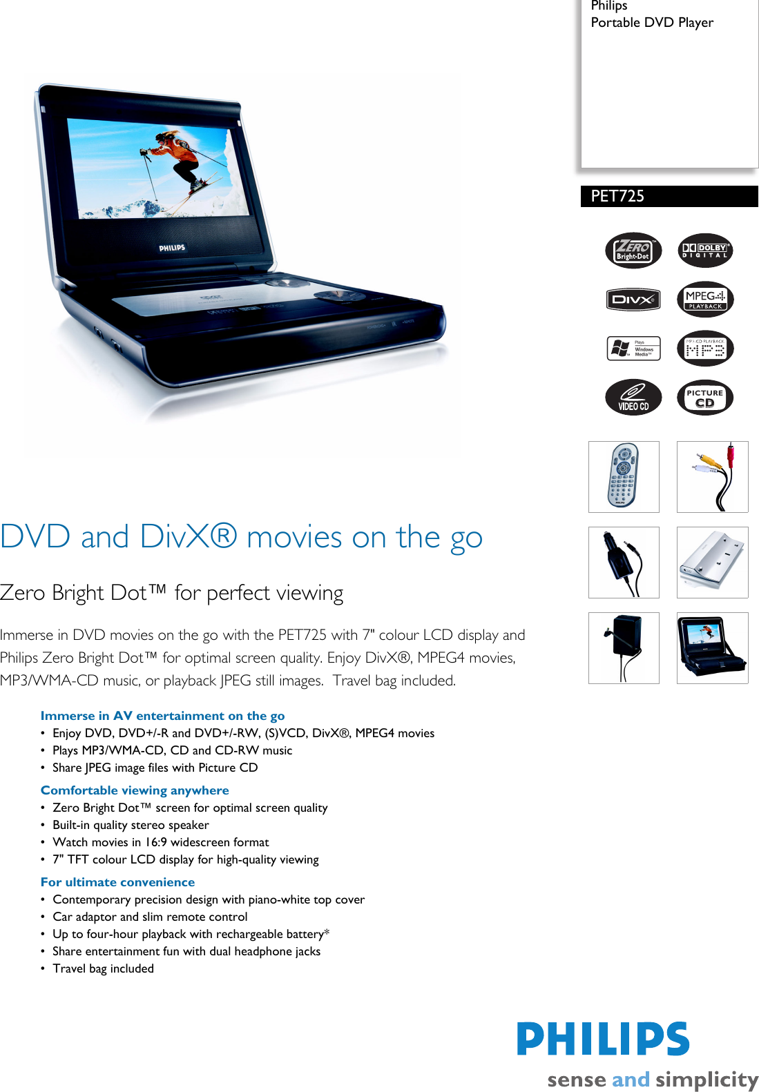 Page 1 of 2 - Philips PET725/00 Portable DVD Player User Manual Leaflet Pet725 00 Pss Engsg