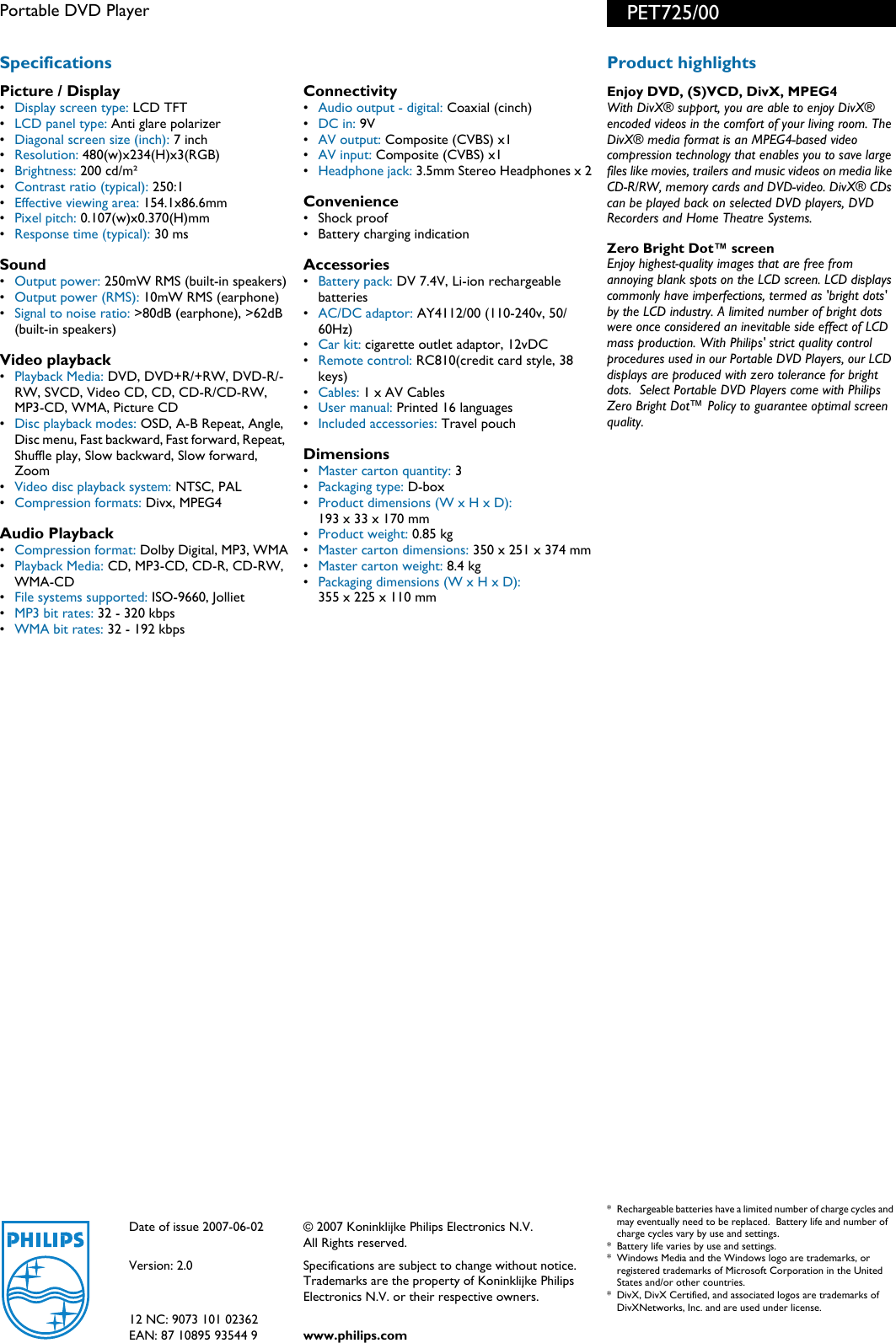 Page 2 of 2 - Philips PET725/00 Portable DVD Player User Manual Leaflet Pet725 00 Pss Engsg