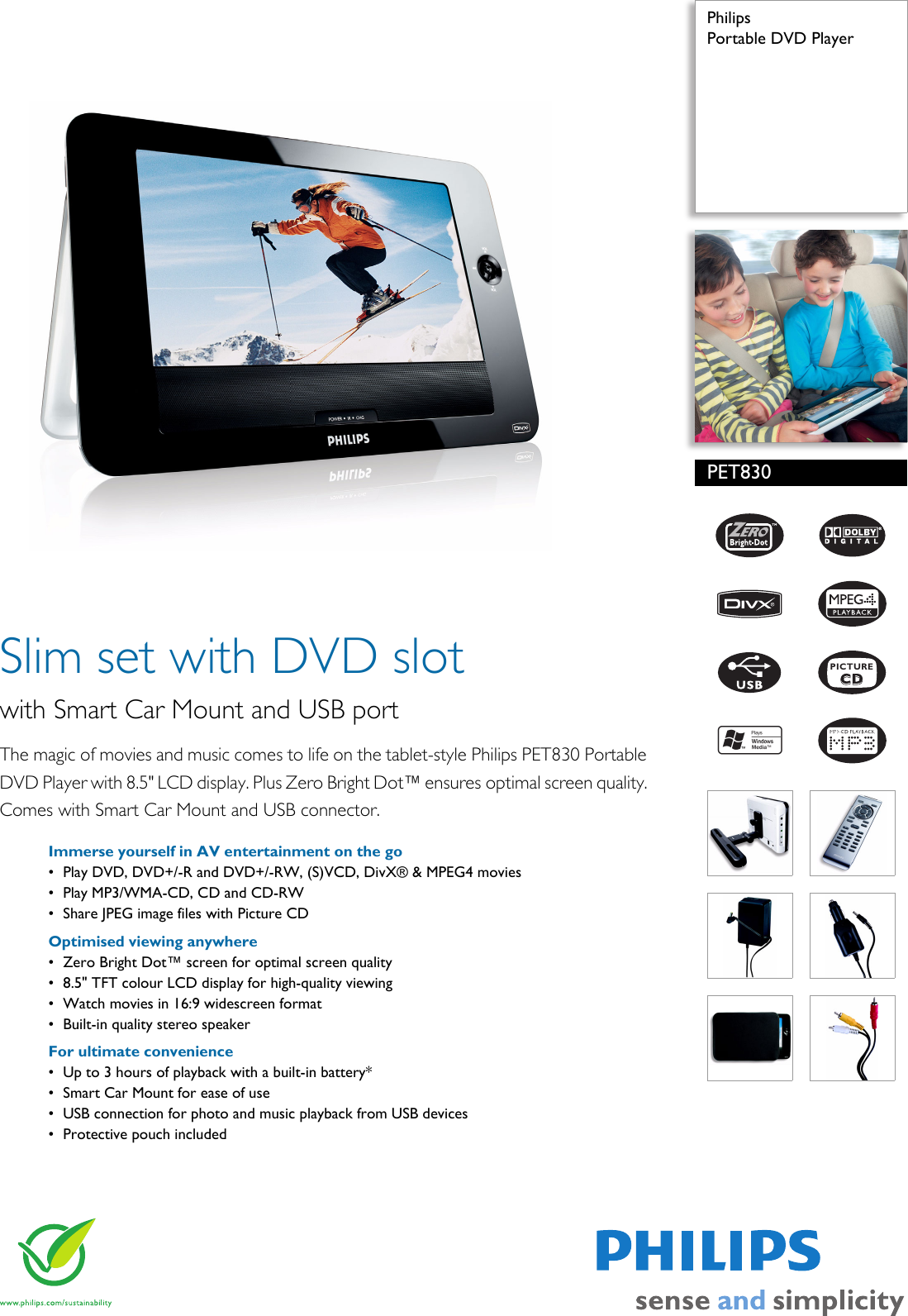 Page 1 of 2 - Philips PET830/00 Portable DVD Player User Manual Leaflet Pet830 00 Pss Engmy