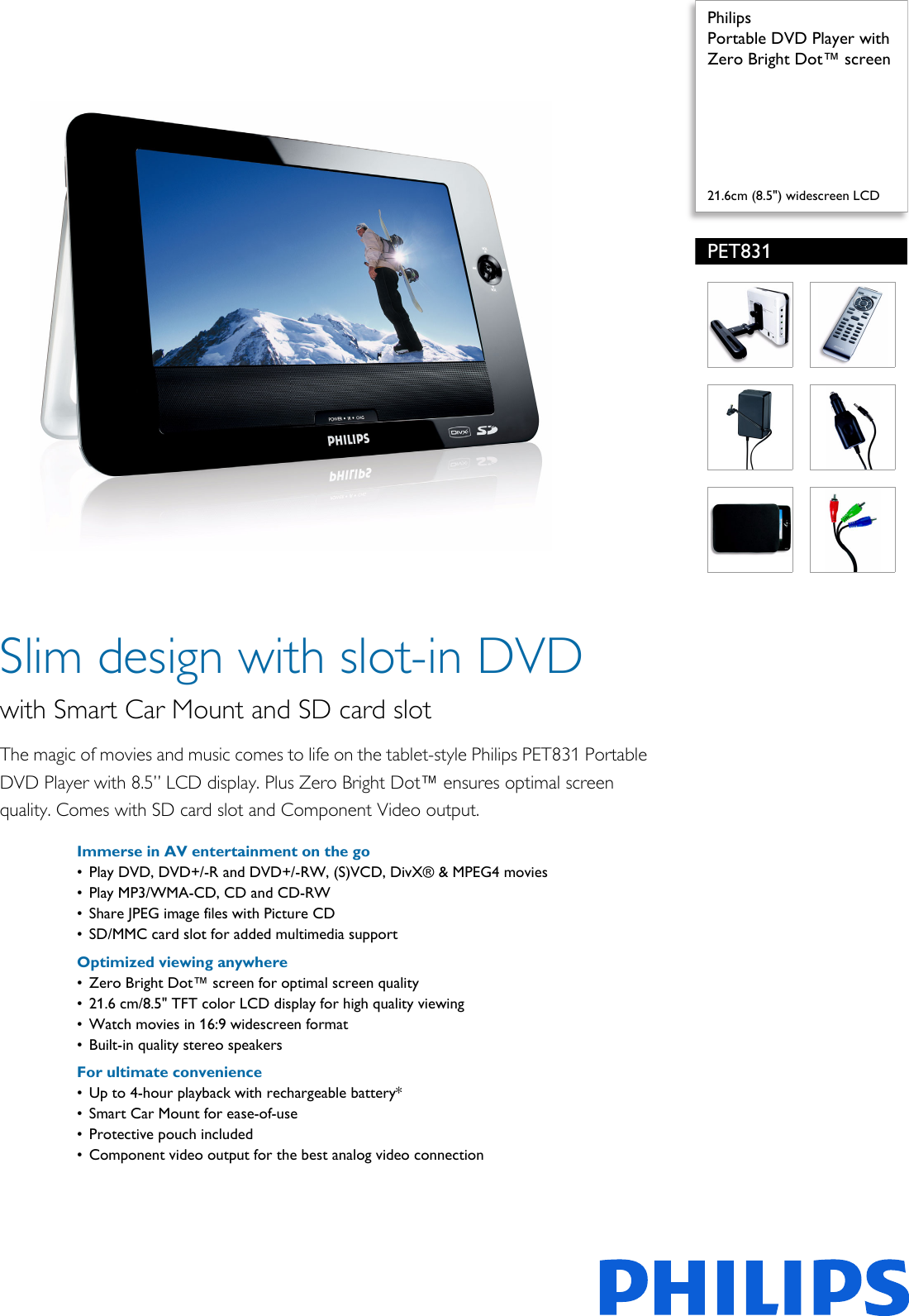 Page 1 of 3 - Philips PET831/98 Portable DVD Player With Zero Bright Dot™ Screen User Manual Leaflet Pet831 98 Pss