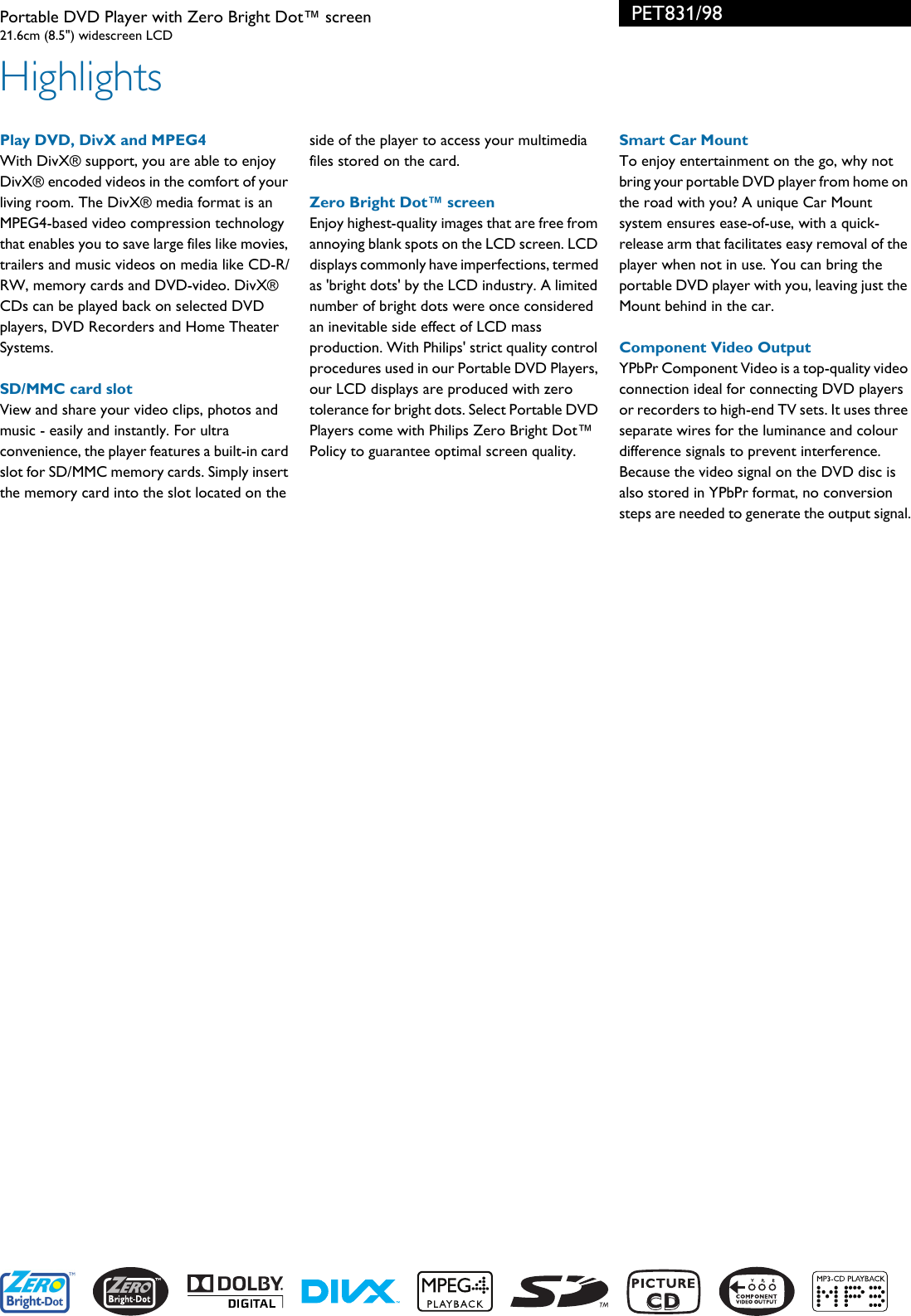 Page 2 of 3 - Philips PET831/98 Portable DVD Player With Zero Bright Dot™ Screen User Manual Leaflet Pet831 98 Pss