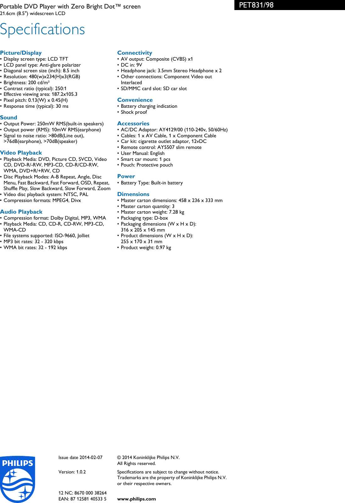 Page 3 of 3 - Philips PET831/98 Portable DVD Player With Zero Bright Dot™ Screen User Manual Leaflet Pet831 98 Pss