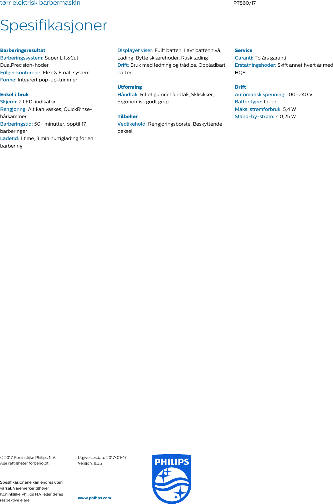 Page 3 of 3 - Philips PT860/17 Elektrisk Barbermaskin Til Tørr Barbering Med Flex & Float Og Pop-up-trimmer User Manual Hefte Pt860 17 Pss Norno