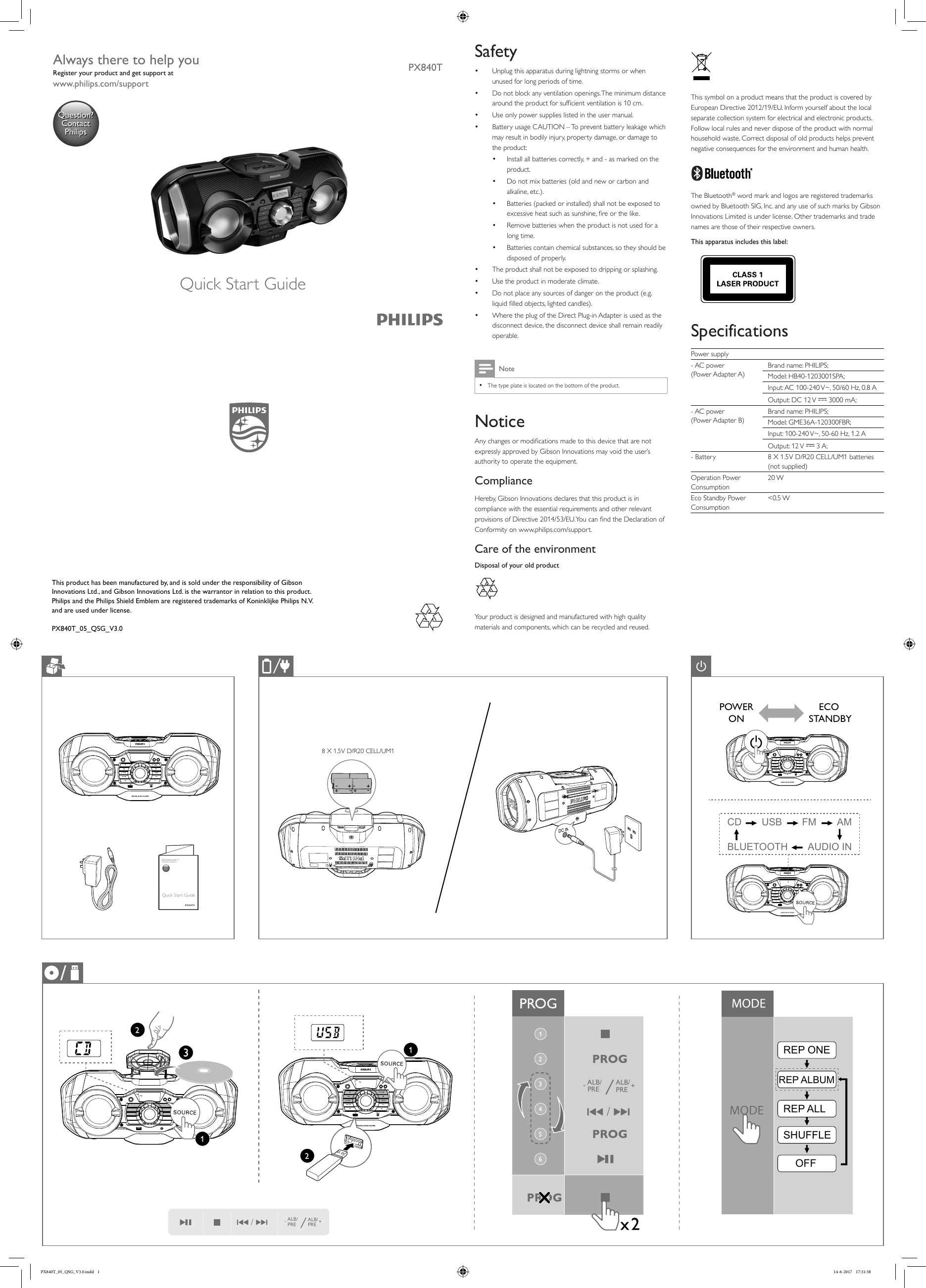Page 1 of 2 - Philips PX840T/05 User Manual Quick Start Guide Px840t 05 Qsg Eng