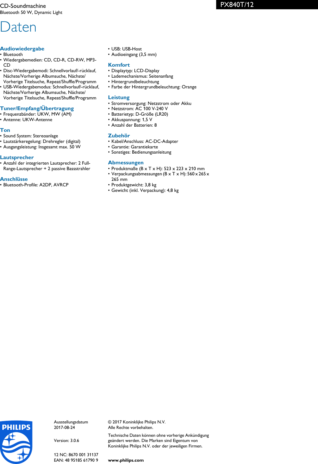 Page 3 of 3 - Philips PX840T/12 Leaflet PX840T_12 Released Austria (German)  User Manual Datenblatt Px840t 12 Pss Deuat