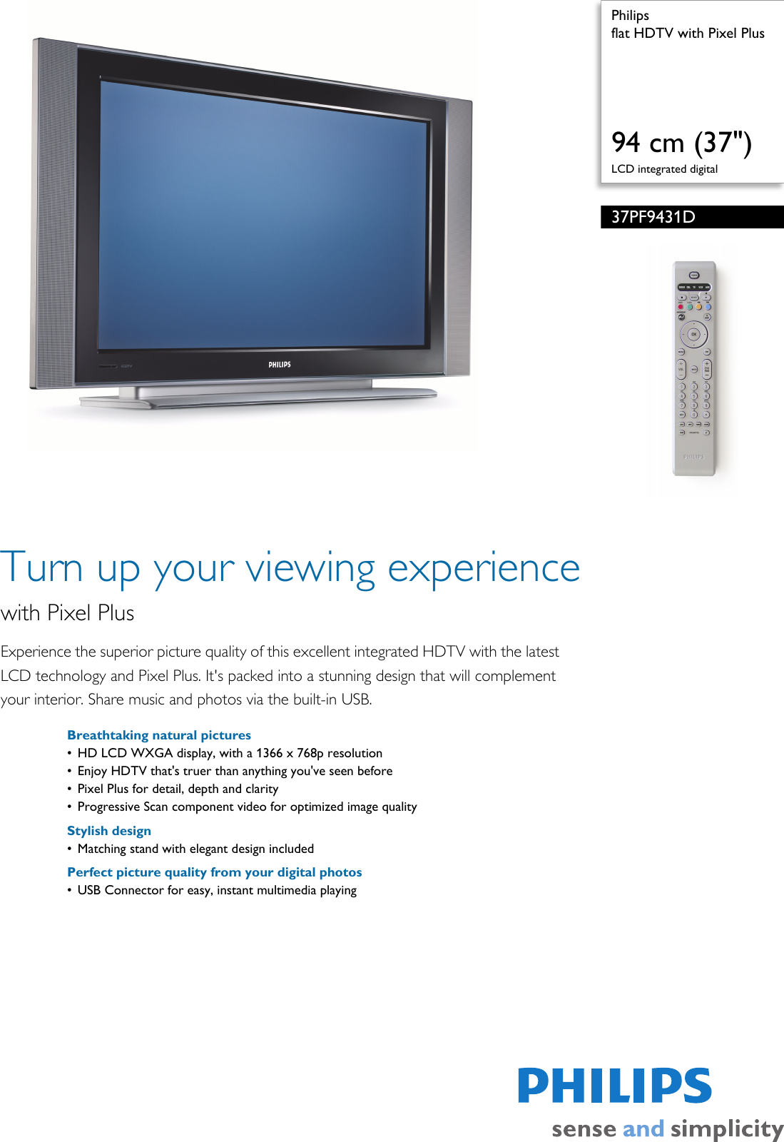 Philips 37Pf9431D 37 Data Sheet 37PF9431D/37 Flat HDTV With Pixel Plus