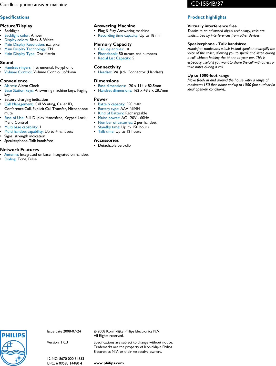 Page 2 of 2 - Philips Philips-Cd1554B-Users-Manual- CD1554B/37 Cordless Phone Answer Machine  Philips-cd1554b-users-manual