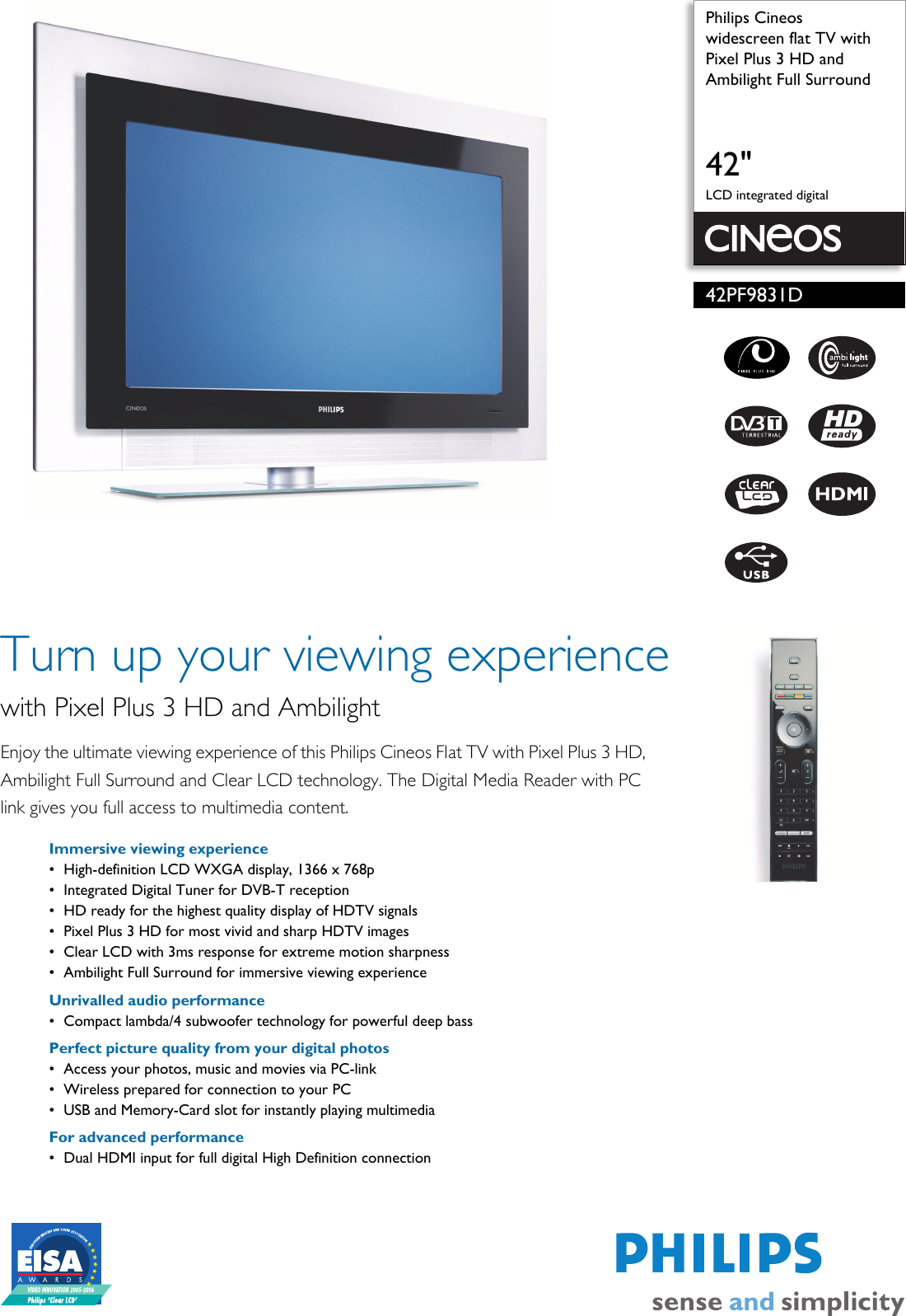 Page 1 of 3 - Philips Philips-Cineos-42Pf9831D-Users-Manual- 42PF9831D/10 Widescreen Flat TV With Pixel Plus 3 HD And Ambilight Full Surround  Philips-cineos-42pf9831d-users-manual